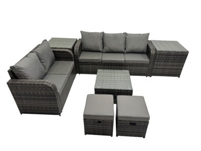 Fimous Wicker Pe Rattan Garden Outdoor Furniture Set Love Sofa Square Coffee Table Set With 2 Side Tables 2 Small Stools - image 1