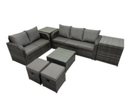 Fimous Wicker Pe Rattan Garden Outdoor Furniture Set Love Sofa Square Coffee Table Set With 2 Side Tables 2 Small Stools - thumbnail 2