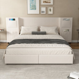 Matteo 4Ft6 Double Velvet Upholstered Bed With Integrated Storage Drawers & Headboard Pockets - Beige - thumbnail 3