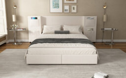 Matteo 4Ft6 Double Velvet Upholstered Bed With Integrated Storage Drawers & Headboard Pockets - Beige - thumbnail 9