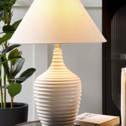 Wyld And Coco Carved Beige Ceramic Table Lamp With Linen Shade, W34 X D34 X H56Cm - thumbnail 2