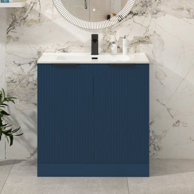 Royal Bathrooms Evora 800mm Midnight Blue Fluted Floor Standing Bathroom Vanity Unit 2 Door Cabinet With Ceramic Basin & Matt Black Handles - image 1