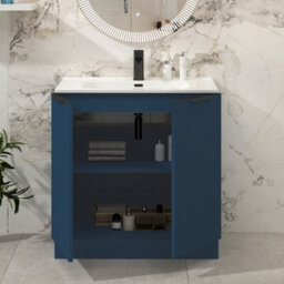 Royal Bathrooms Evora 800mm Midnight Blue Fluted Floor Standing Bathroom Vanity Unit 2 Door Cabinet With Ceramic Basin & Matt Black Handles - thumbnail 3