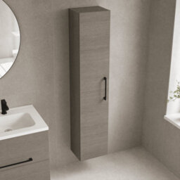 Balterley Bramshall Modern Bathroom 1 Soft Close Door Wall Hung Tall Storage Unit, Woodgrain Mid Oak With Black Handle, 300 mm - thumbnail 3