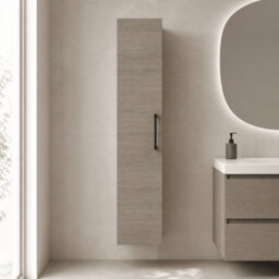 Balterley Bramshall Modern Bathroom 1 Soft Close Door Wall Hung Tall Storage Unit, Woodgrain Mid Oak With Black Handle, 300 mm - thumbnail 2