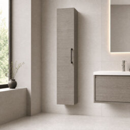 Balterley Bramshall Modern Bathroom 1 Soft Close Door Wall Hung Tall Storage Unit, Woodgrain Mid Oak With Black Handle, 300 mm - thumbnail 4