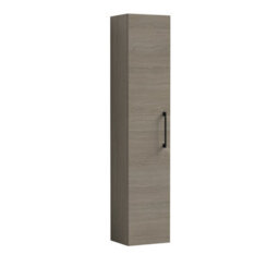 Balterley Bramshall Modern Bathroom 1 Soft Close Door Wall Hung Tall Storage Unit, Woodgrain Mid Oak With Black Handle, 300 mm - thumbnail 1