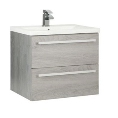 Clifton Bathroom 2-Drawer Wall Hung Vanity Unit With Mid Depth Ceramic Basin 600mm Wide - Silver Oak  - Brassware Not Included - image 1