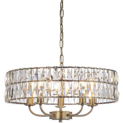 Loops Multi Arm Hanging Ceiling Pendant Light - Antique Brass Plate & Clear Crystal Glass - 5 X 6W Led E14 - image 1