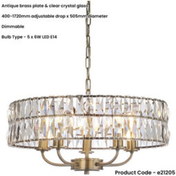 Loops Multi Arm Hanging Ceiling Pendant Light - Antique Brass Plate & Clear Crystal Glass - 5 X 6W Led E14 - thumbnail 2