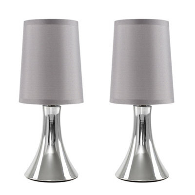 Valuelights Pair Of - Small Chrome Touch Table Lamps With Grey Fabric Shades With 5W Led Dimmable Candle Bulbs In Warm White - image 1