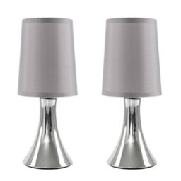 Valuelights Pair Of - Small Chrome Touch Table Lamps With Grey Fabric Shades With 5W Led Dimmable Candle Bulbs In Warm White