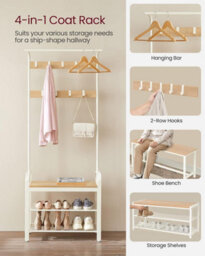 Songmics Vasagle Hallway Coat Rack, Shoe Storage Bench And Adjustable Hooks, 4-In-1 Coat Stand With Clothes Hanging Rail, Oak And Cream - thumbnail 4