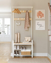 Hallway Coat Rack, Shoe Storage Bench And Adjustable Hooks, 4-In-1 Coat Stand With Clothes Hanging Rail, Oak And Cream