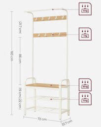 Songmics Vasagle Hallway Coat Rack, Shoe Storage Bench And Adjustable Hooks, 4-In-1 Coat Stand With Clothes Hanging Rail, Oak And Cream - thumbnail 2