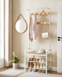 Songmics Vasagle Hallway Coat Rack, Shoe Storage Bench And Adjustable Hooks, 4-In-1 Coat Stand With Clothes Hanging Rail, Oak And Cream - thumbnail 3