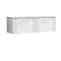 Nuie Deco Wall Hung 2-Drawer Vanity Unit & Bellato Grey Laminate Worktop, Counter Top Vanity Unit In Satin White, 1200mm