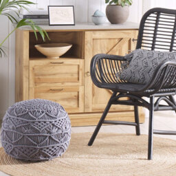 Beliani Knitted Pouffe - Chunky Crochet Grey Cotton Round Footstool 40 X 40 Cm - thumbnail 2