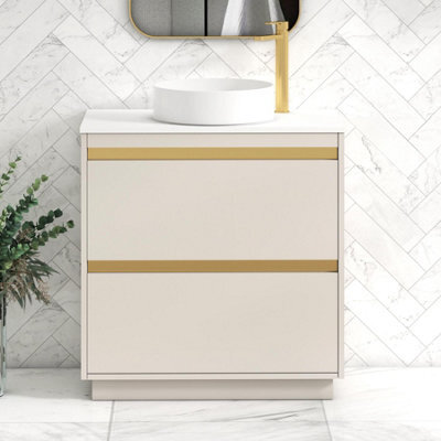 Royal Bathrooms Orion 800mm Warm Taupe Floor Standing Plain White Countertop Vanity Unit 2 Drawer With Art Basin & Brushed Brass Accent Trim - image 1