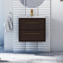 Royal Bathrooms Livora 600mm Walnut Woodgrain Wall Hung Vanity Unit 2 Drawer With Carrara White Basin & Brushed Brass Handle