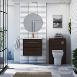Royal Bathrooms Livora 600mm Walnut Woodgrain Wall Hung Vanity Unit 2 Drawer With Carrara White Basin & Brushed Brass Handle - thumbnail 3