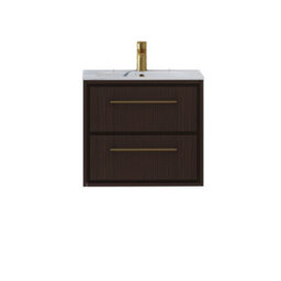 Royal Bathrooms Livora 600mm Walnut Woodgrain Wall Hung Vanity Unit 2 Drawer With Carrara White Basin & Brushed Brass Handle - thumbnail 5