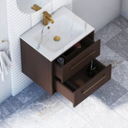 Royal Bathrooms Livora 600mm Walnut Woodgrain Wall Hung Vanity Unit 2 Drawer With Carrara White Basin & Brushed Brass Handle - thumbnail 4