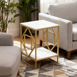 White & Gold 2Tier Geometric Metal Frame Sofa End Table Snack Side Table - thumbnail 3