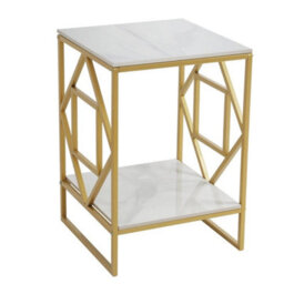 White & Gold 2Tier Geometric Metal Frame Sofa End Table Snack Side Table - thumbnail 1