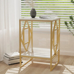 White & Gold 2Tier Geometric Metal Frame Sofa End Table Snack Side Table - thumbnail 6