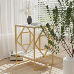 White & Gold 2Tier Geometric Metal Frame Sofa End Table Snack Side Table - thumbnail 4