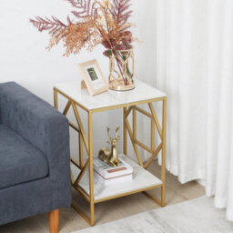 White & Gold 2Tier Geometric Metal Frame Sofa End Table Snack Side Table - thumbnail 5
