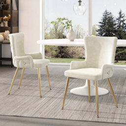 HomeTouch Set Of 2 Modern Beige Velvet Dining Chairs With Wing Back & Gold Metal Legs