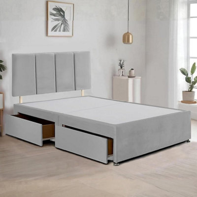 Silver Plush Fabric 6Ft Super King Bed Frame With 20 Inch Vertical Line Headboard And 2 Drawers - image 1