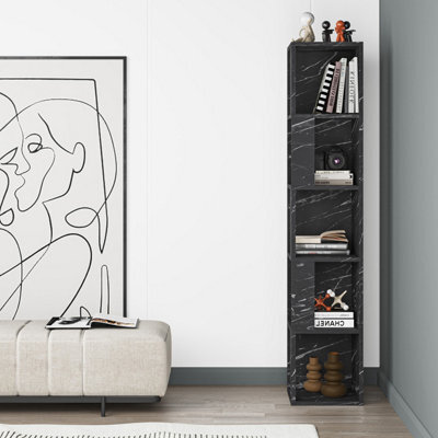 Decortie Piano Modern Corner Bookcase Shelving Unit Tall Display Unit Corner Shelf Black Marble Effect 158.9Cm - image 1