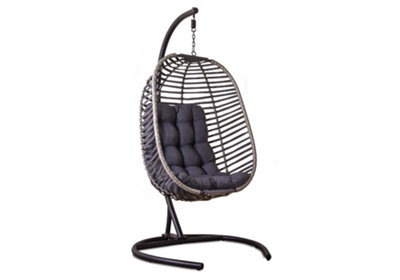 Sh&g Hanging Egg Chair - Basket Chair, Stand & Cushion Set - Grey Rattan & Steel With Grey Cushion - Signature Homes And Gardens - image 1