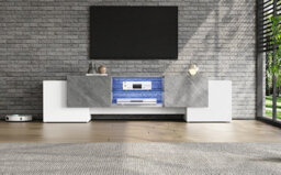 Tv Stand With 4 Doors, 2 Open Storage Compartments And Led Lights, White & Grey - thumbnail 7