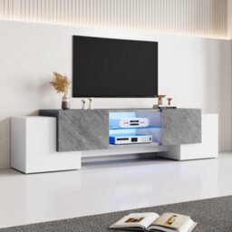 Tv Stand With 4 Doors, 2 Open Storage Compartments And Led Lights, White & Grey - thumbnail 6