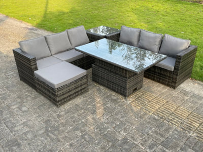 Fimous 7 Seater Outdoor Rattan Sofa Set Adjustable Rising Lifting Dining Table Side Tea Coffee Table Footstool Dark Grey Mixed - image 1