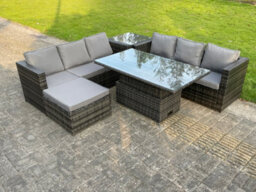 Fimous 7 Seater Outdoor Rattan Sofa Set Adjustable Rising Lifting Dining Table Side Tea Coffee Table Footstool Dark Grey Mixed - thumbnail 1