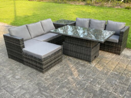 Fimous 7 Seater Outdoor Rattan Sofa Set Adjustable Rising Lifting Dining Table Side Tea Coffee Table Footstool Dark Grey Mixed - thumbnail 2