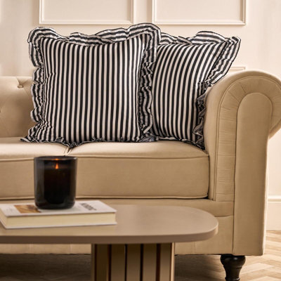 Ohs 2 X Bengal Stripe Faux Linen Frill Cushion Covers - Mono - image 1