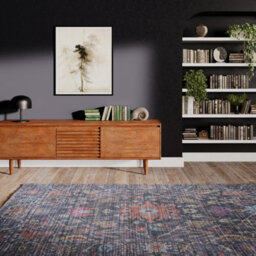 Loomed Floral Design Cotton Chenille Rug Navy Multicolour Machine Washable 120Cm X 170Cm - thumbnail 4