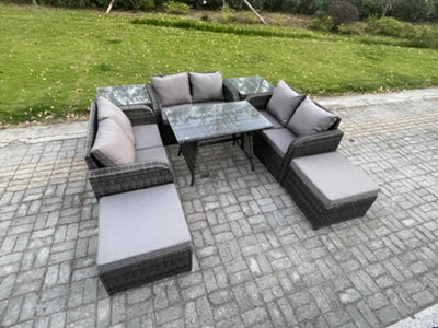 Fimous Outdoor Rattan Garden Furniture Set 8 Seater Patio Love Sofa Set With Dining Table 2 Big Footstool 2 Side Tables - image 1