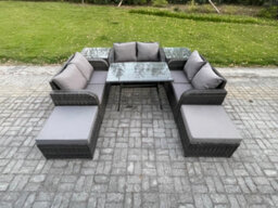 Fimous Outdoor Rattan Garden Furniture Set 8 Seater Patio Love Sofa Set With Dining Table 2 Big Footstool 2 Side Tables - thumbnail 2