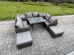 Fimous Outdoor Rattan Garden Furniture Set 8 Seater Patio Love Sofa Set With Dining Table 2 Big Footstool 2 Side Tables - thumbnail 1