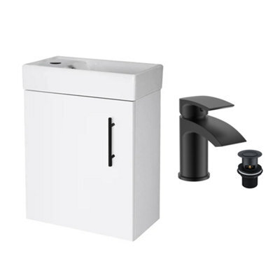 FNX Bathrooms Gloss White 400 Wall Hung Basin Sink Vanity Unit & Matt Black Sleek Basin Tap & Handle