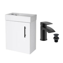 FNX Bathrooms Gloss White 400 Wall Hung Basin Sink Vanity Unit & Matt Black Sleek Basin Tap & Handle - thumbnail 1