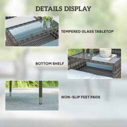 Outsunny Rattan Garden Bench W/ Glass Tea Table, Cushions, Charcoal Grey - thumbnail 4