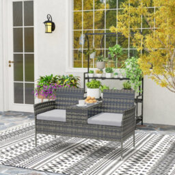 Outsunny Rattan Garden Bench W/ Glass Tea Table, Cushions, Charcoal Grey - thumbnail 9